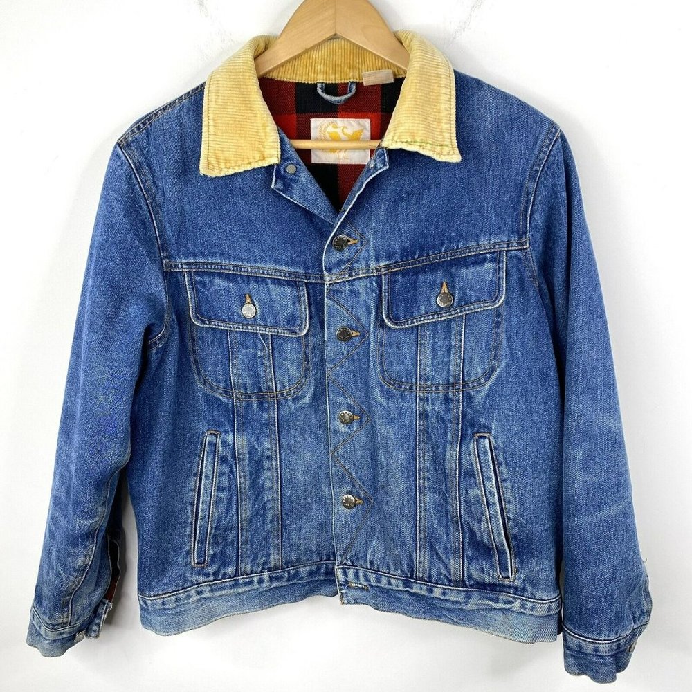 Vintage WINGARS Mens Size Medium Trucker Denim Jean Jacket Red Plaid Lining